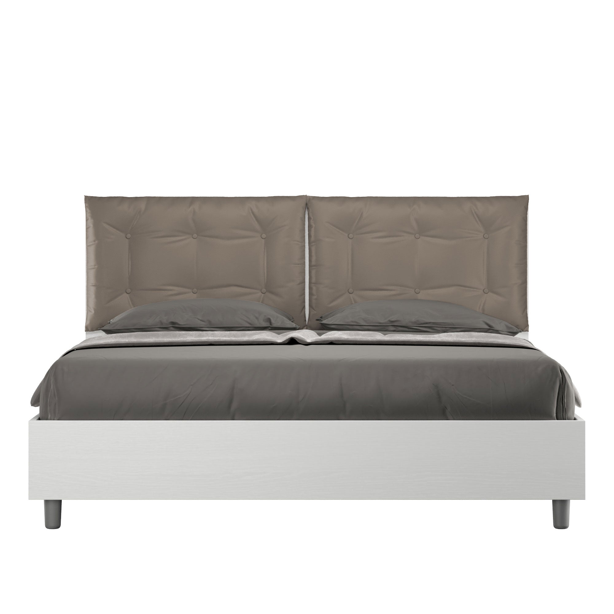 Letto matrimoniale con rete 160x200 bianco frassino cuscini similpelle cappuccino Egos Annalisa