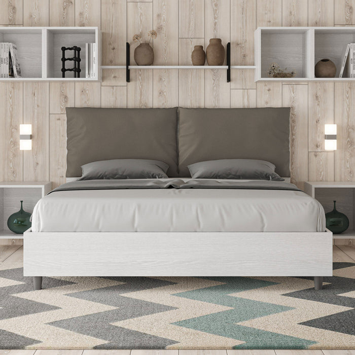 Letto matrimoniale senza rete 160x190 bianco frassino cuscini similpelle cappuccino Egos Antea