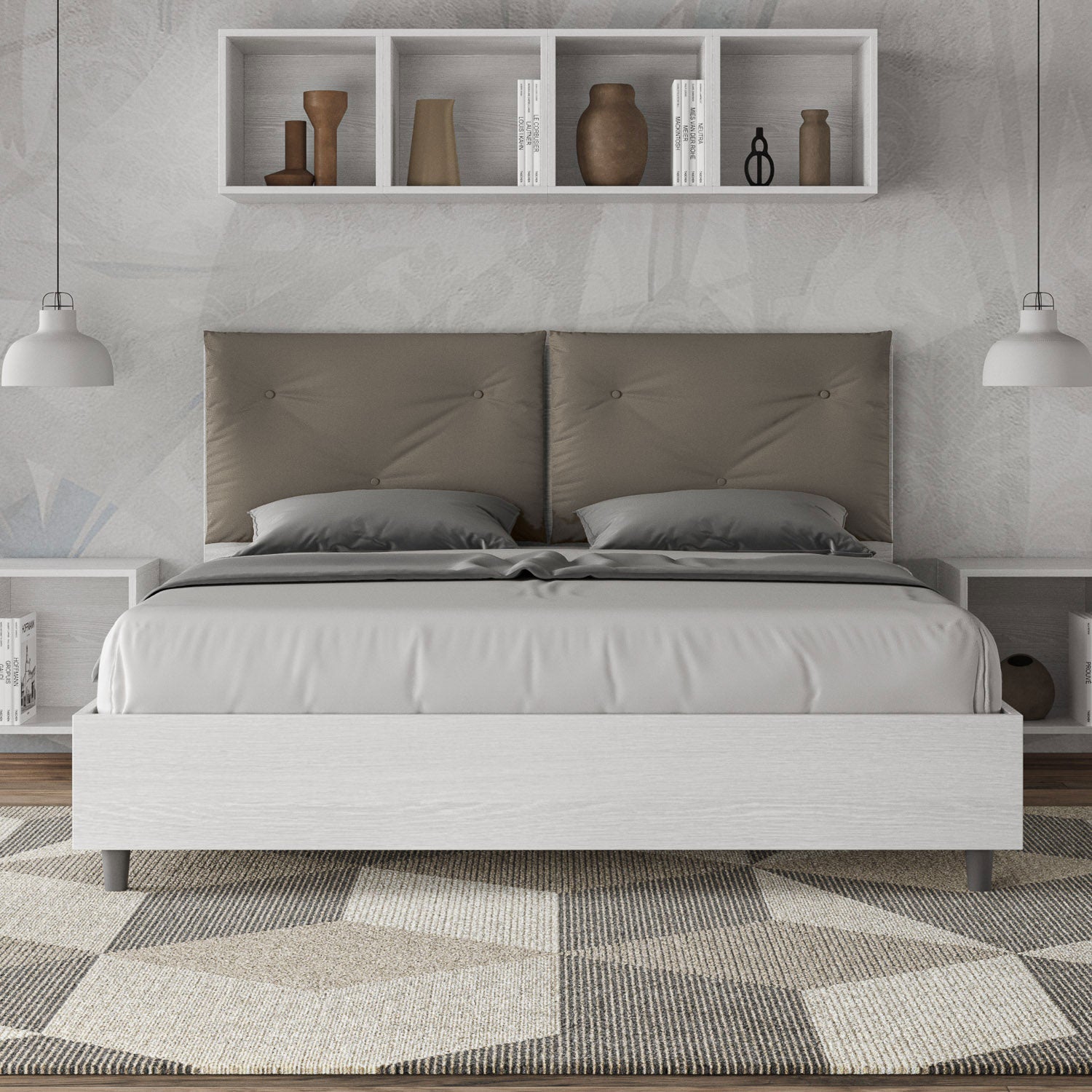 Letto matrimoniale contenitore 160x200 bianco frassino cuscini similpelle cappuccino Egos Appia