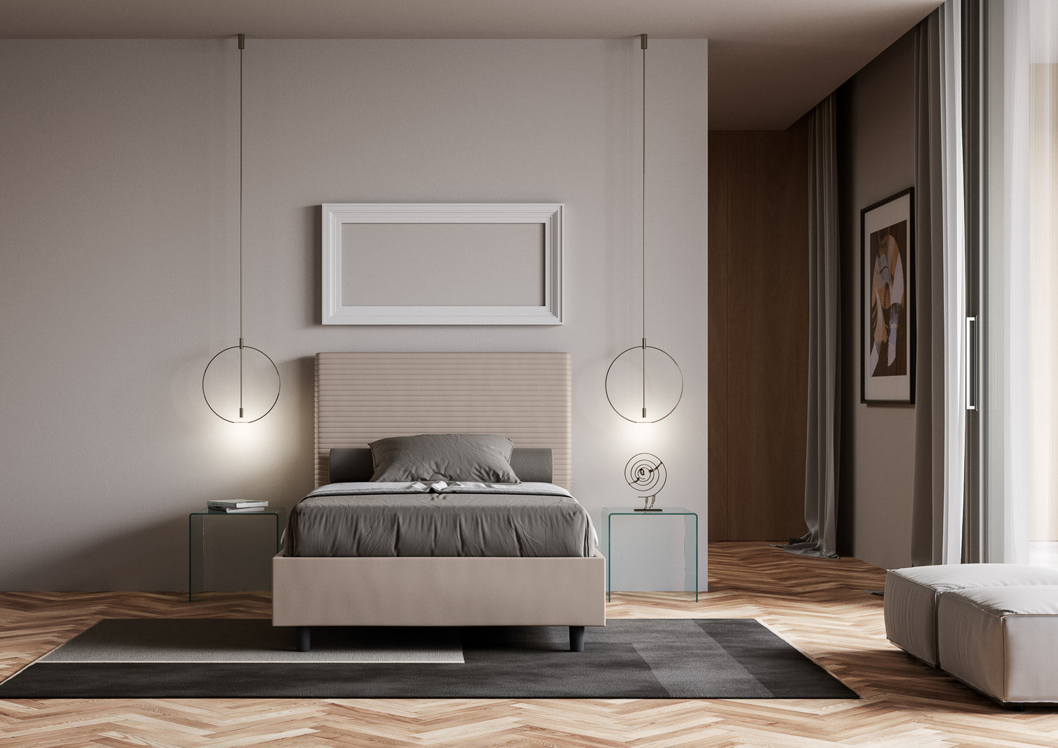 Letto una piazza e mezza contenitore imbottito 120x190 similpelle tortora Focus