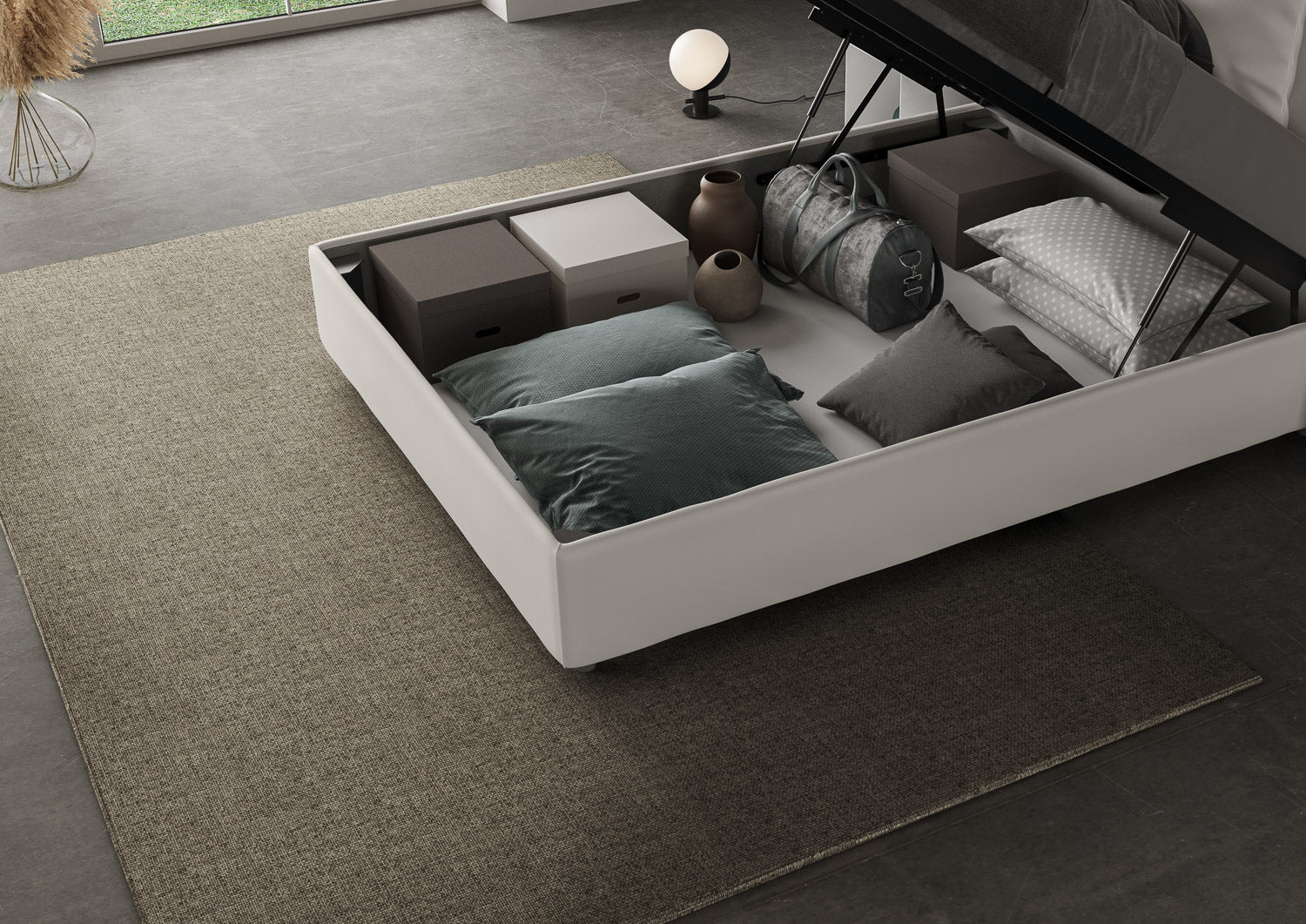 Letto una piazza e mezza contenitore imbottito 120x190 tessuto Labirinto 1 bianco Azelia