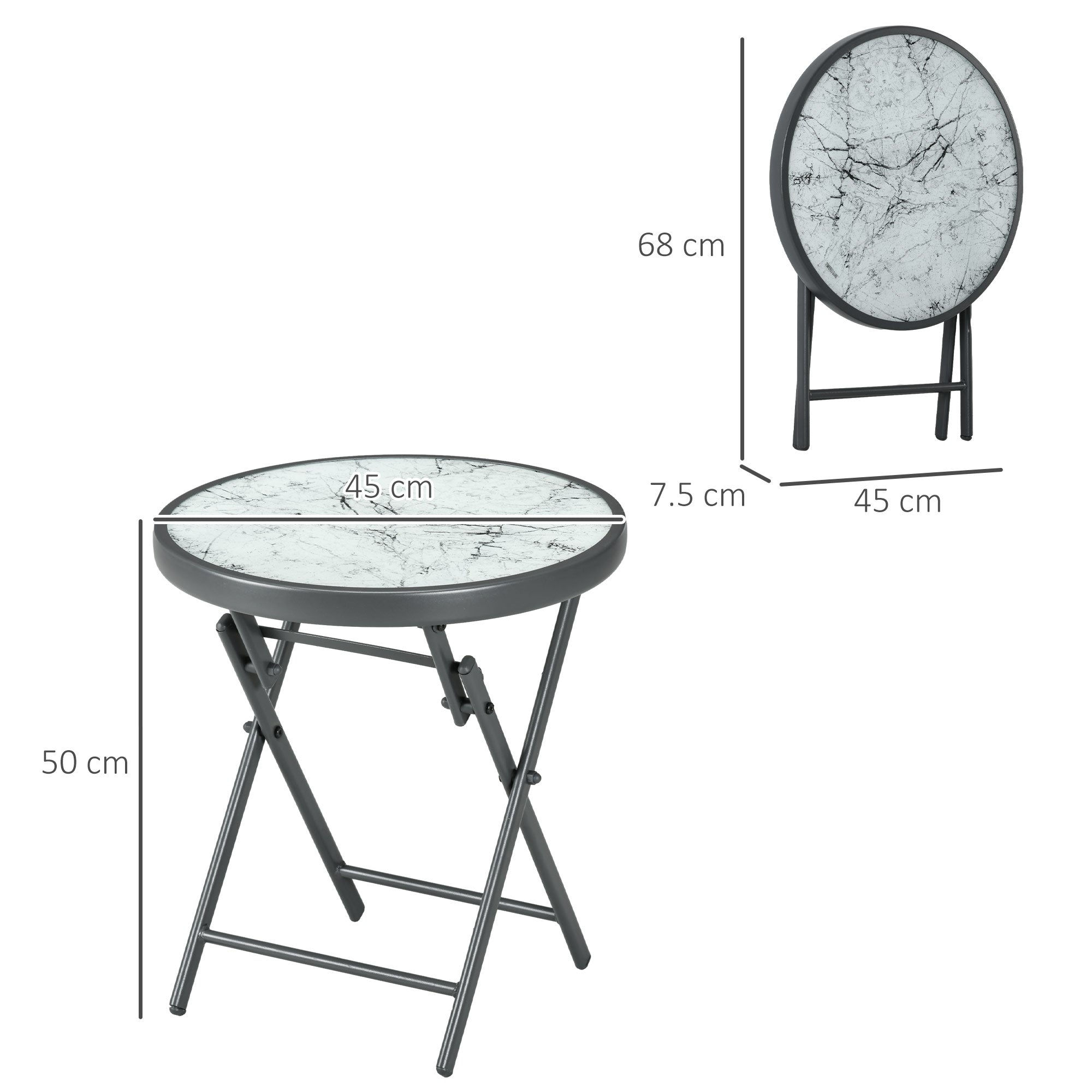 Tavolino da Caffè per Giardino Pieghevole Ø45x50 cm Piano in Vetro Effetto Marmo Grigio