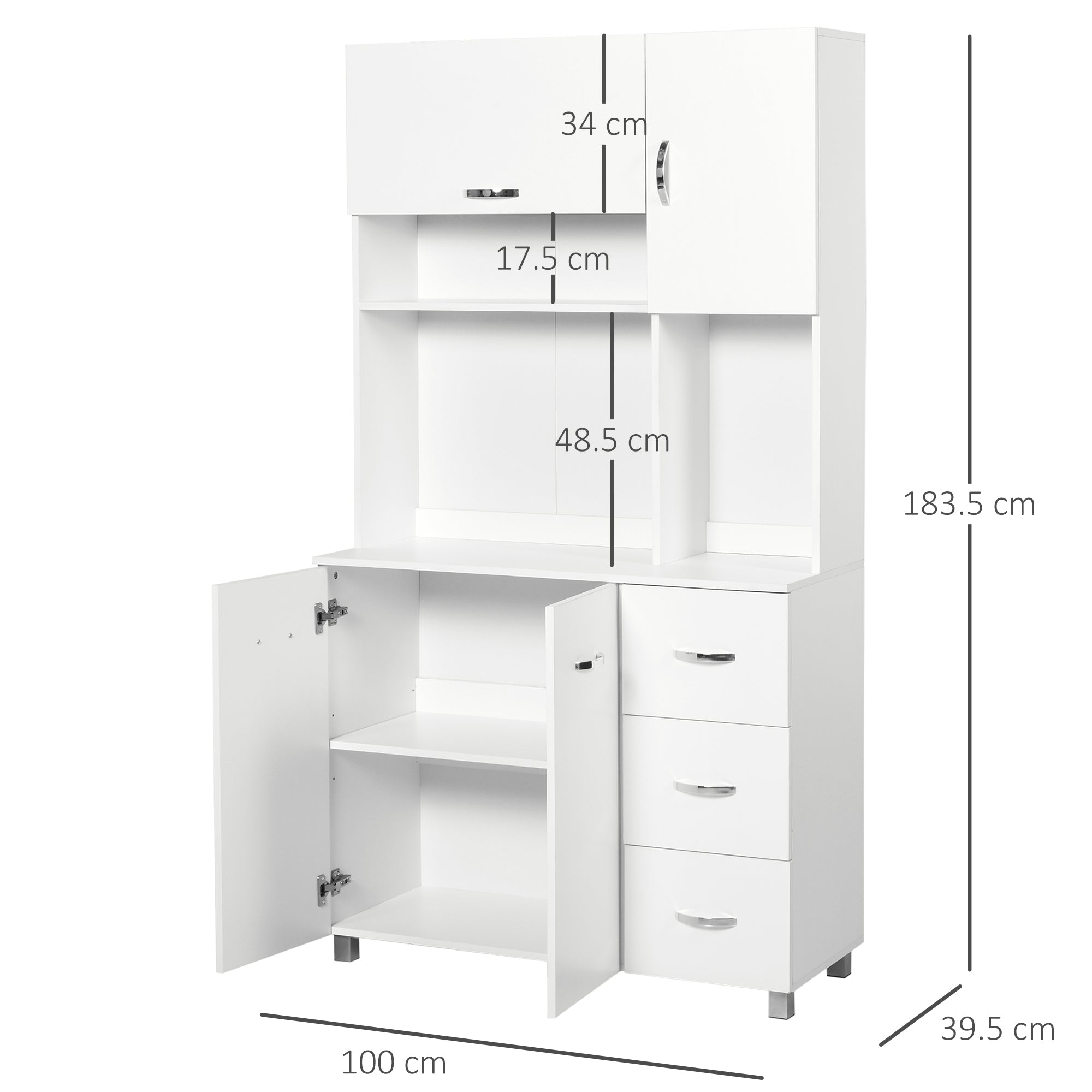 Credenza da Cucina Moderna con Cassetti Armadietti e Ripiani Aperti 100x39,5x183,5 cm  Bianco