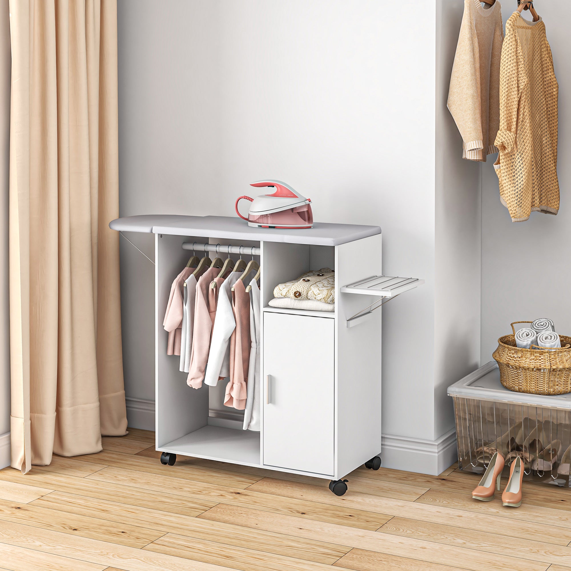 Asse da Stiro con Mobile 107x42,5x99 cm con Piano d’Appoggio e 3 Ripiani Bianco