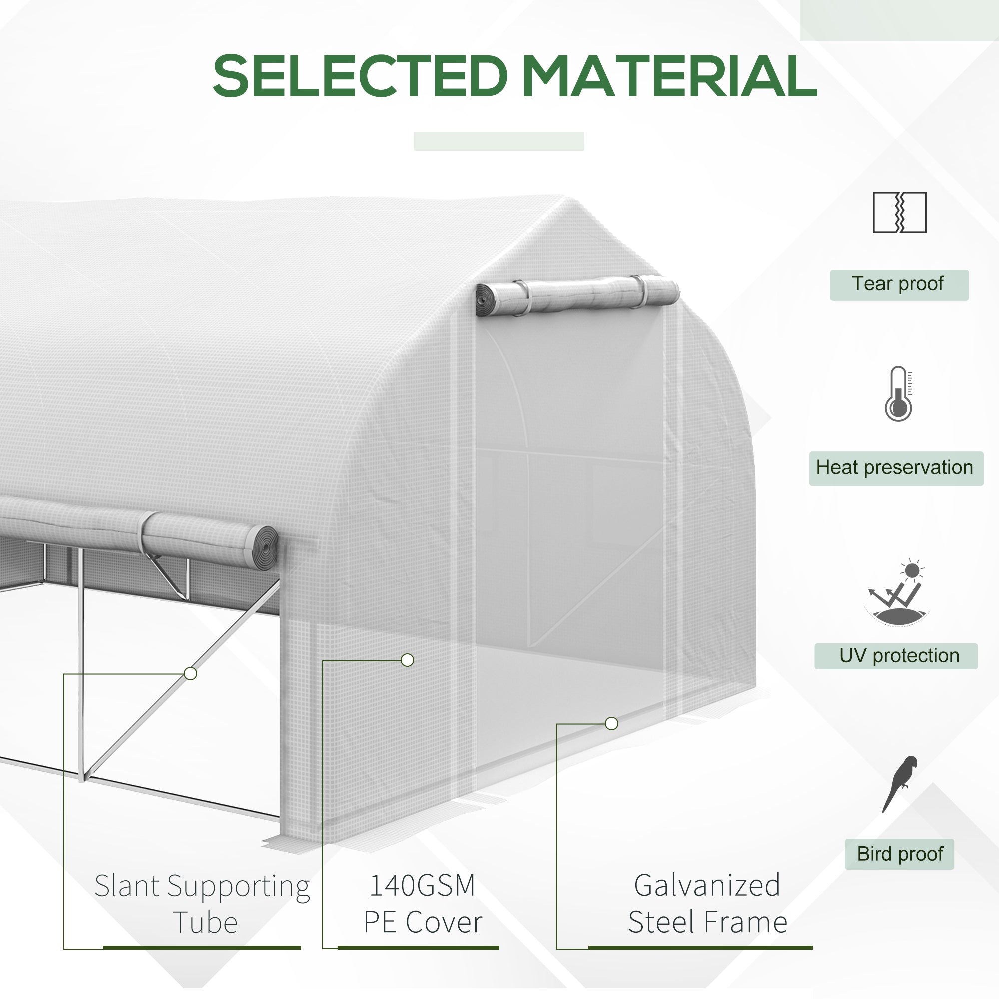 Serra a Tunnel con Porta e 8 Finestre Avvolgibili 4x3m Rivestimento in PE Bianco