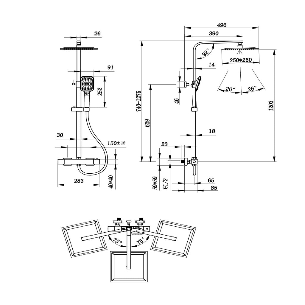 AICA ITALY Sistema Doccia con Miscelatore Termostatico a 38℃ e Soffione Quadrato 25x25cm Altezza Regolabile 75-128cm Cromo