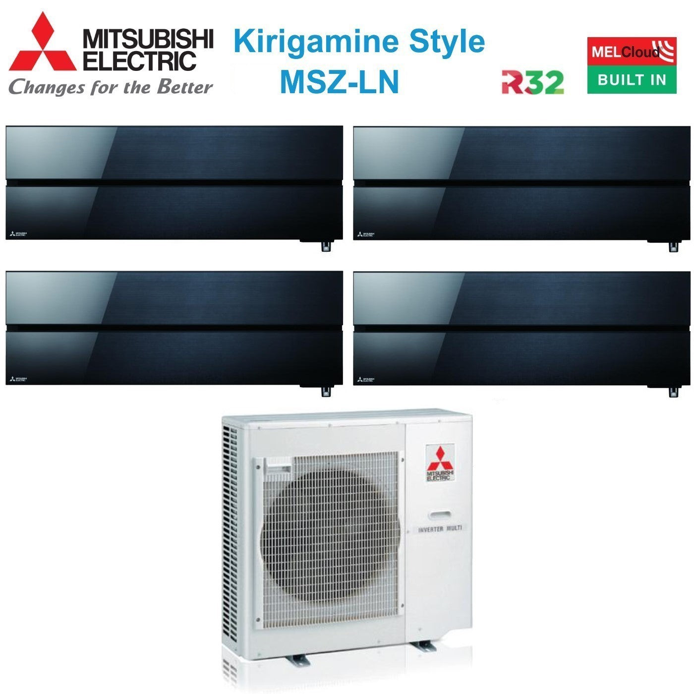 Climatizzatore Condizionatore Mitsubishi Electric Quadri Split Inverter serie Kirigamine Style MSZ-LN 9+9+12+12 con MXZ-4F72VF Onyx Black R-32 Wi-Fi Integrato Colore Nero 9000+9000+12000+12000