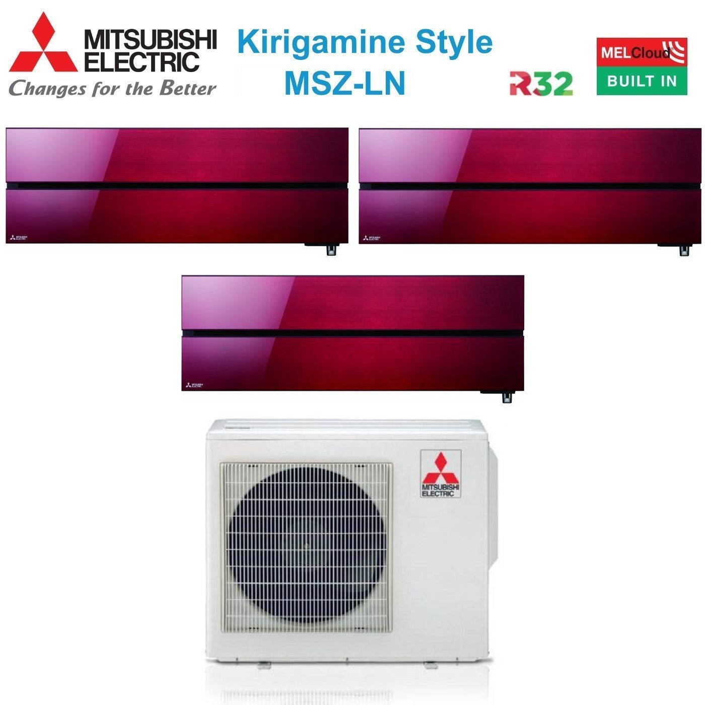 Climatizzatore Condizionatore Mitsubishi Electric Trial Split Inverter serie Kirigamine Style MSZ-LN 12+12+12 con MXZ-3F68VF Ruby Red R-32 Wi-Fi Integrato Colore Rosso 12000+12000+12000