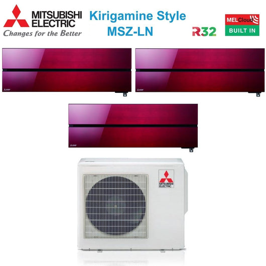 Climatizzatore Condizionatore Mitsubishi Electric Trial Split Inverter serie Kirigamine Style MSZ-LN 9+9+12 con MXZ-3F54VF Ruby Red R-32 Wi-Fi Integrato Colore Rosso 9000+9000+12000