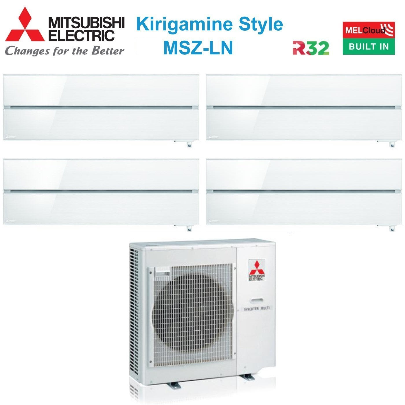 Climatizzatore Condizionatore Mitsubishi Electric Quadri Split Inverter serie Kirigamine Style MSZ-LN 9+9+12+12 con MXZ-4F72VF Pearl White R-32 Wi-Fi Integrato Colore Bianco Perla 9000+9000+12000+12000