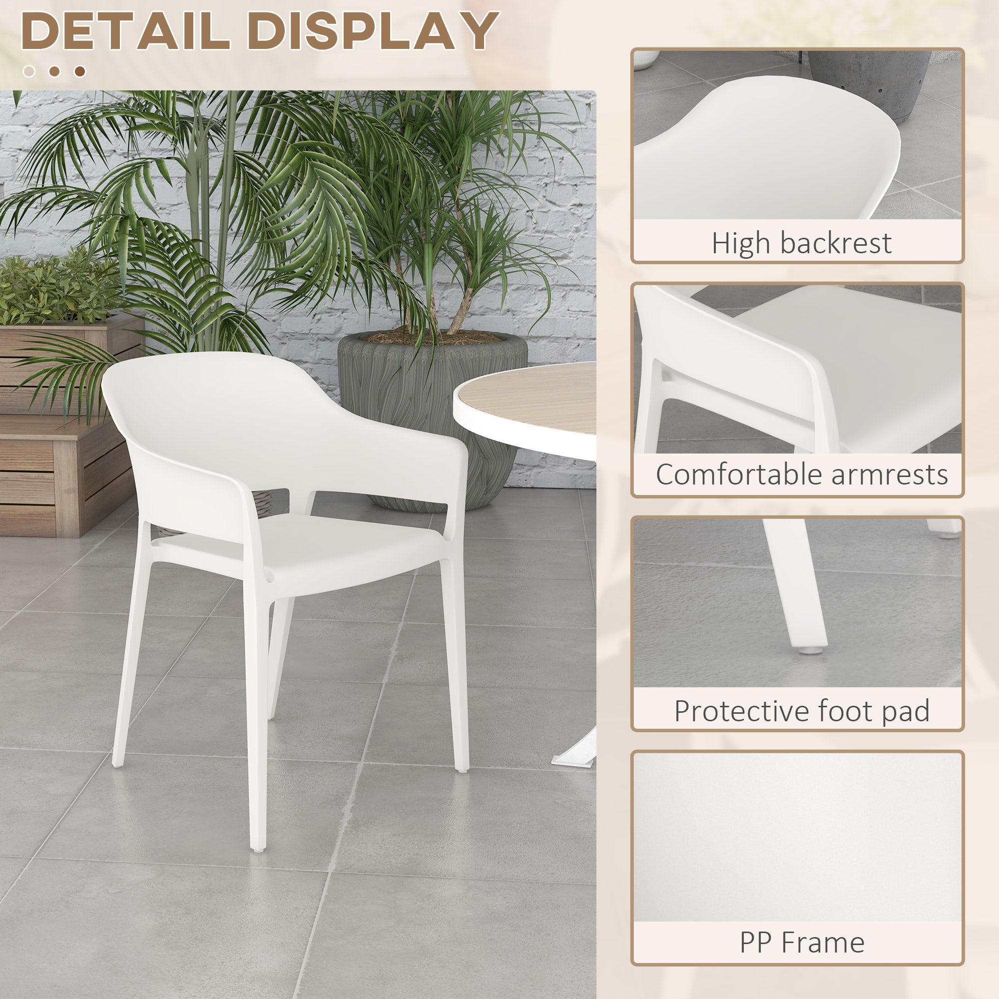 Set 4 Sedie da Giardino  Impilabili con Braccioli e Schienale Alto 56x54,5x77,5 cm in Plastica Bianco