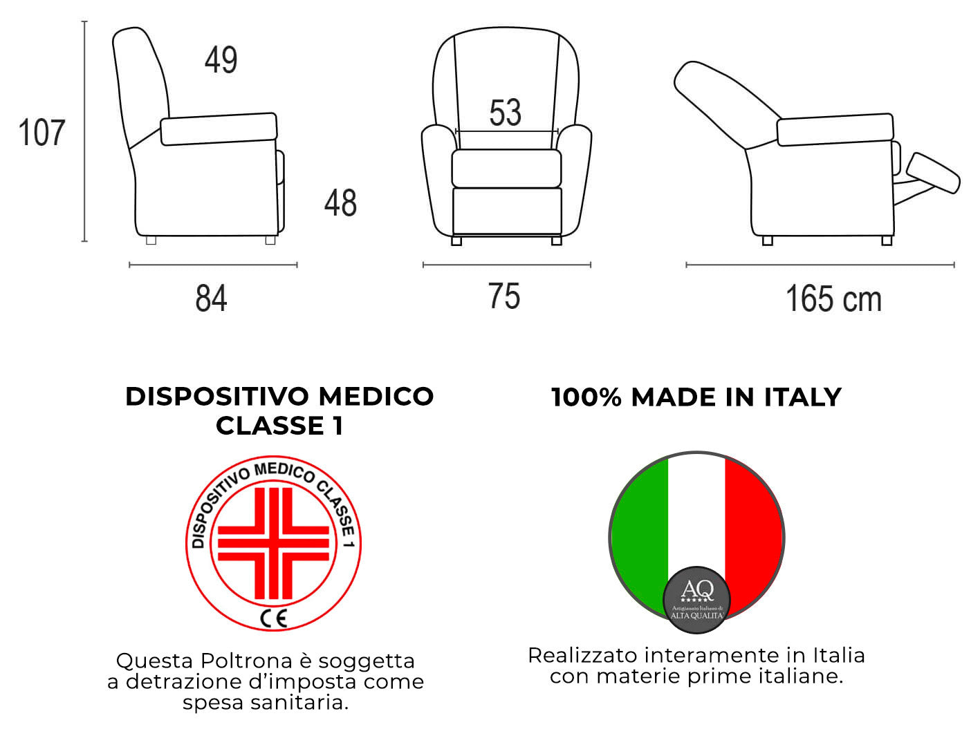 Poltrona Alzapersona Elettrica 2 Motori 75x107x84 cm in Tessuto Dispositivo Medico 1 Grigio