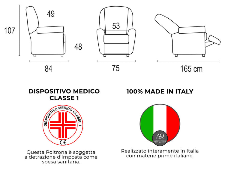 Poltrona Alzapersona Elettrica 2 Motori 75x107x84 cm in Tessuto Dispositivo Medico 1 Grigio