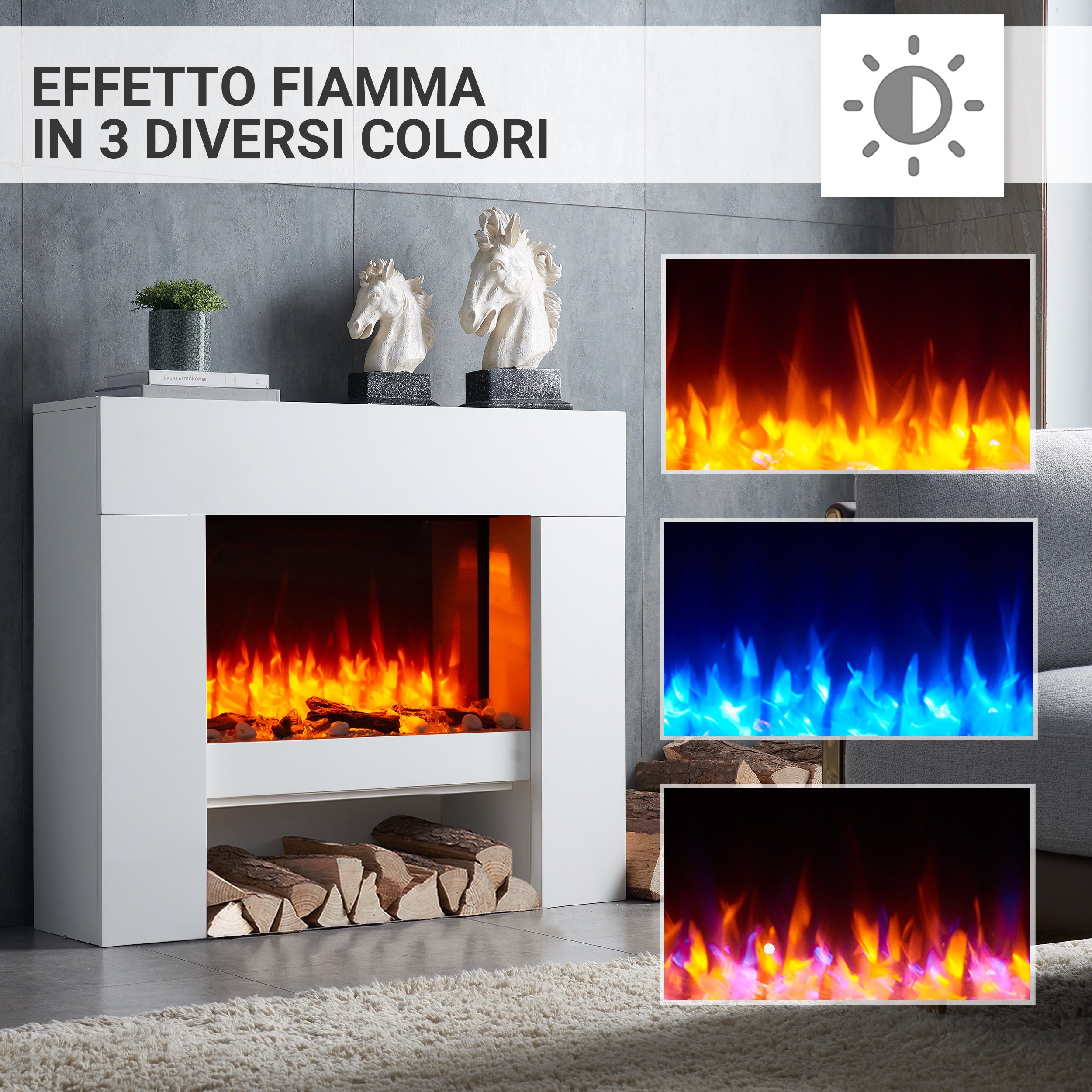 Camino elettrico da terra Naran | Fiamma 3D, riscaldamento 2000W, luce LED | Telecomando, timer, termostato | Bianco