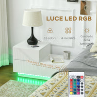 Comodino con 16 Luci LED RGB 70x37x38 cm 2 Cassetti con Telecomando in Truciolato Bianco