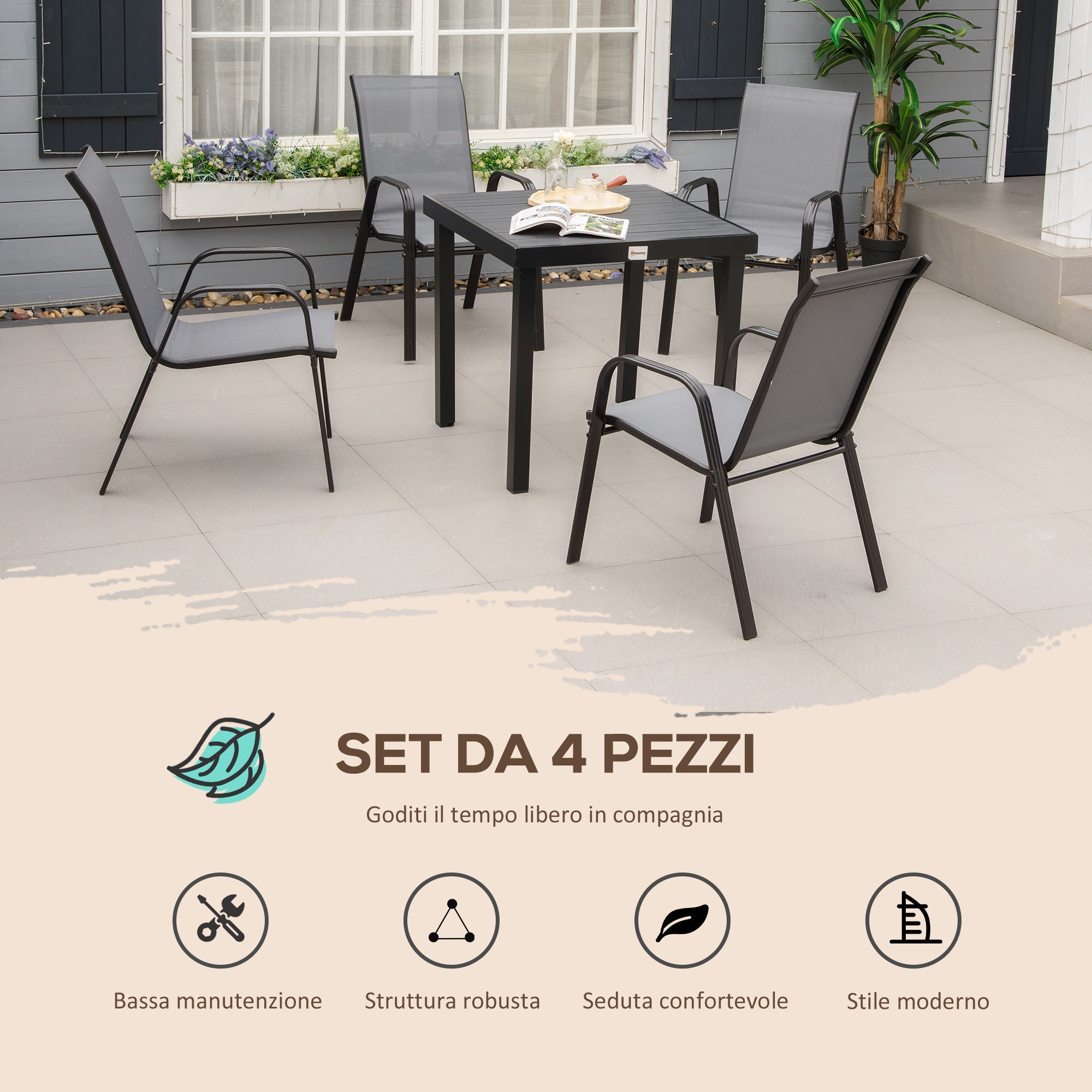 Set 4 Sedie da Giardino Impilabili 54x75,5x95 cm con Braccioli in Metallo e Tessuto a Rete Grigio