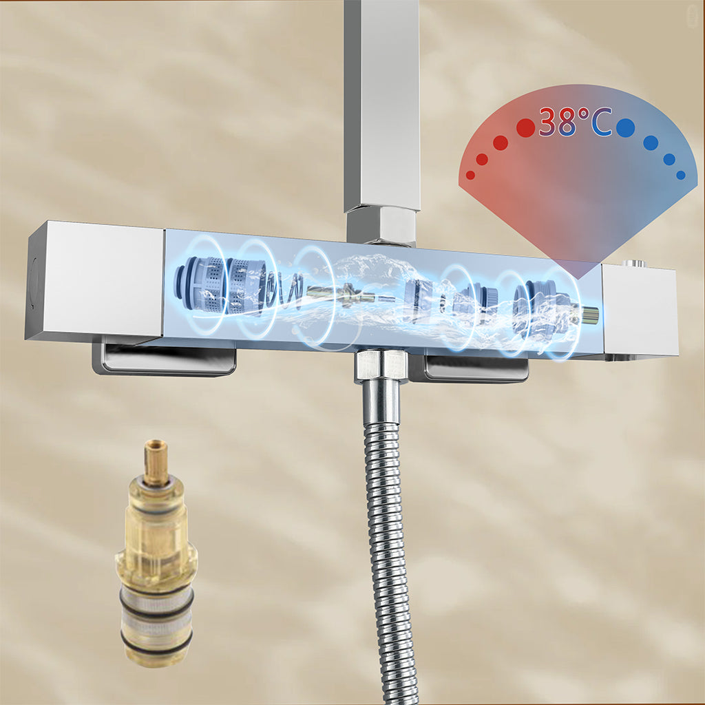 AICA ITALY Sistema Doccia con Miscelatore Termostatico a 38℃ e Soffione Quadrato 25x25cm Altezza Regolabile 75-128cm Cromo