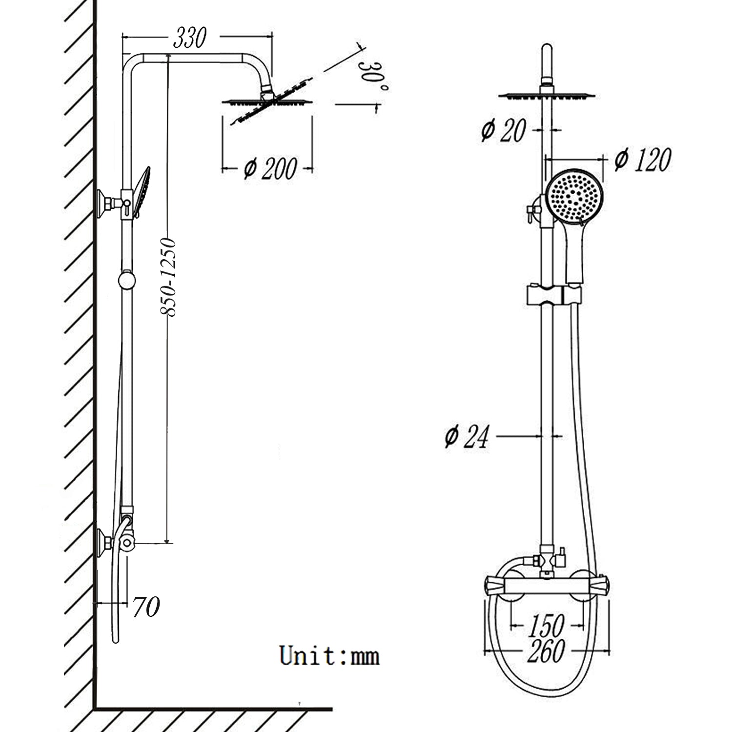 AICA ITALY Sistema Doccia con Miscelatore Termostatico a 38℃, Colonna Doccia Tondo in Acciaio Inox Altezza Regolabile 85-125cm Cromo