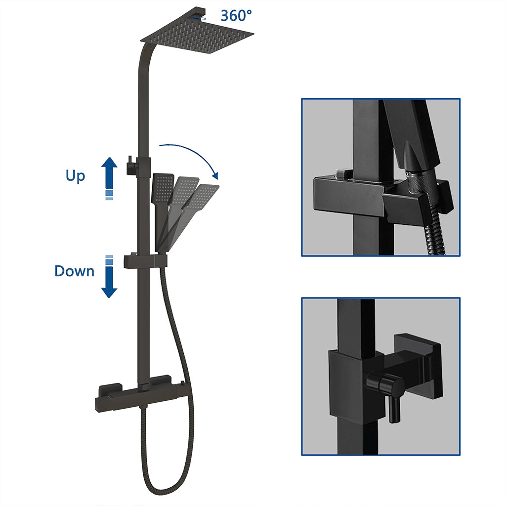 AICA Set Doccia Completo Nero con Soffione, Doccetta, Rubinetto e Saliscendi Quadrati, Miscelatore Termostatico Doccia