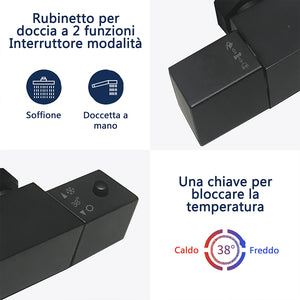 AICA Set Doccia Completo Nero con Soffione, Doccetta, Rubinetto e Saliscendi Quadrati, Miscelatore Termostatico Doccia