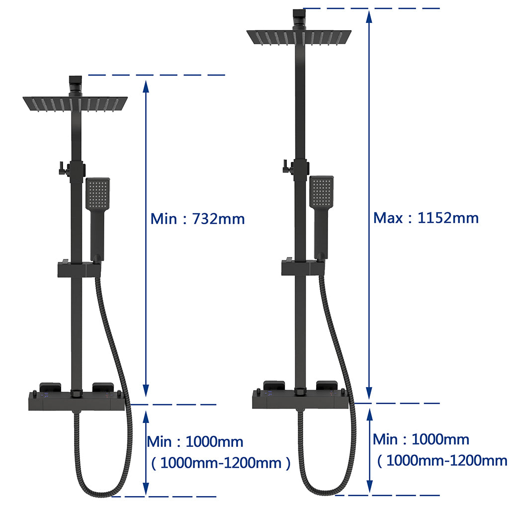 AICA ITALY Sistema Doccia con Miscelatore Termostatico a 38℃ e Soffione Quadrato Altezza Regolabile 73-115cm Nero