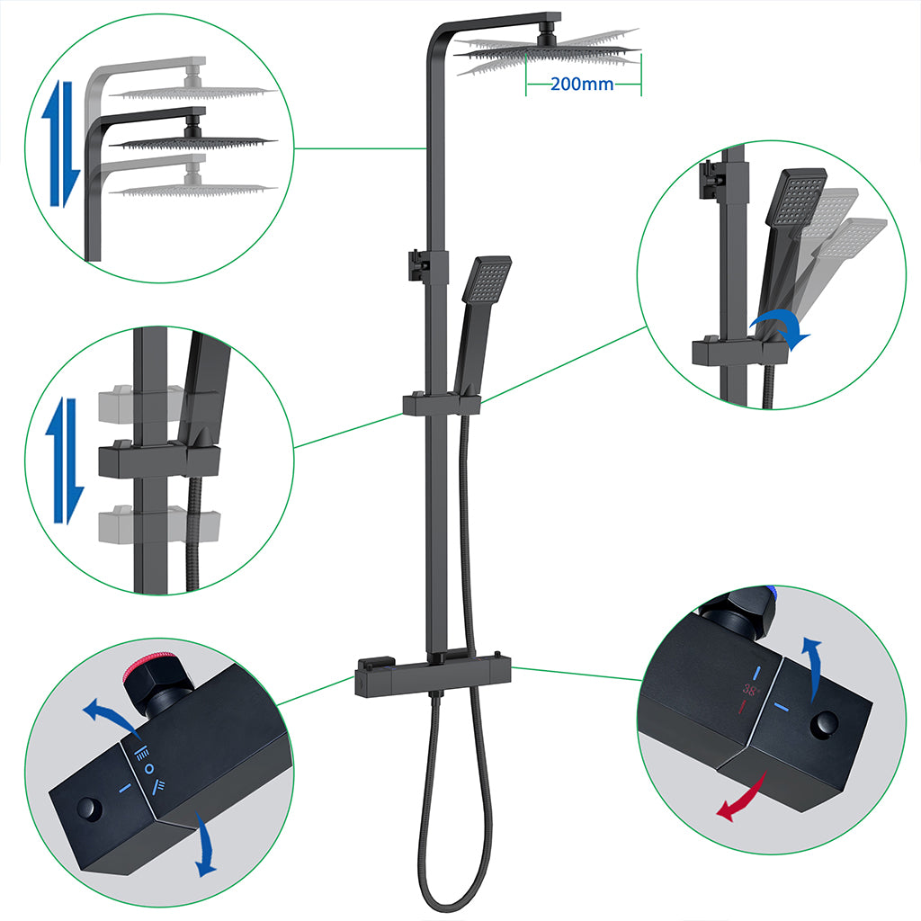 AICA Colonna Doccia con Miscelatore Termostatico, Rubinetto Doccia 28x4cm, Soffione Doccia in Acciaio Inox 20x20cm Nero