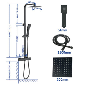 AICA ITALY Sistema Doccia con Miscelatore Termostatico a 38℃ e Soffione Quadrato Altezza Regolabile 73-115cm Nero