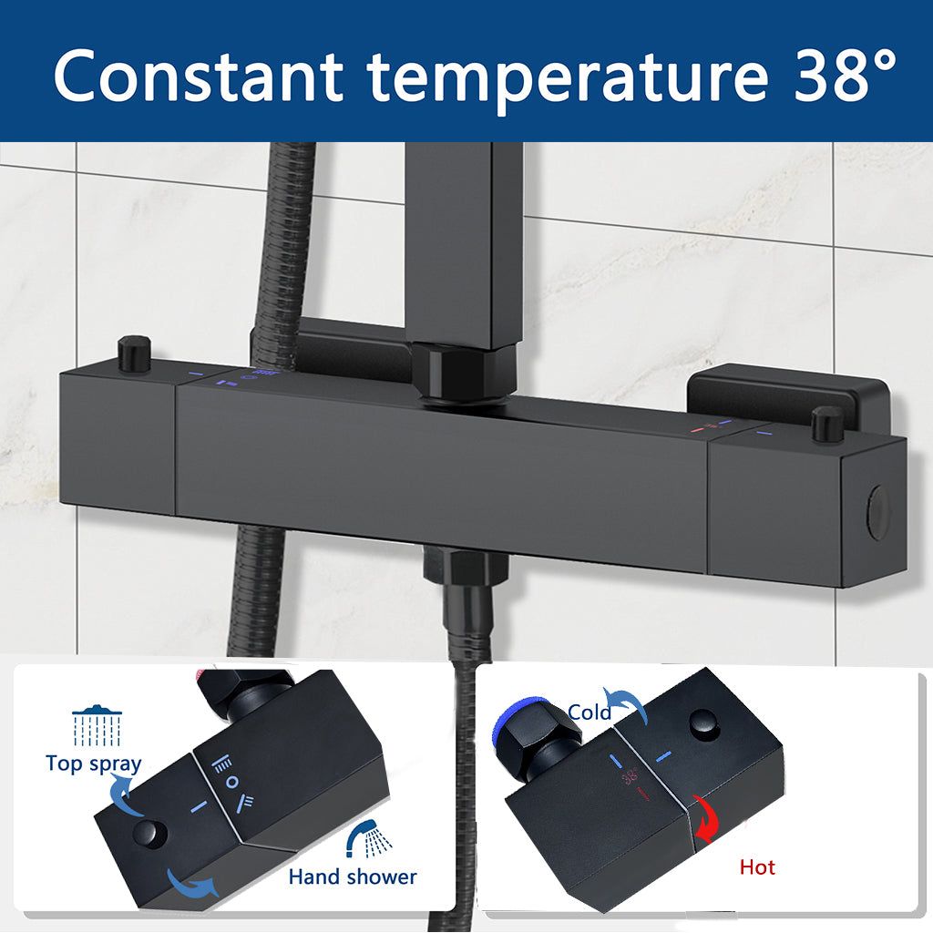 AICA ITALY Sistema Doccia con Miscelatore Termostatico a 38℃ e Soffione Quadrato Altezza Regolabile 73-115cm Nero