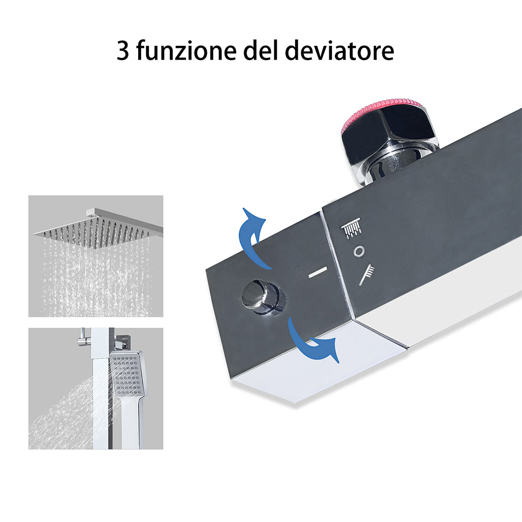 Set Doccia Completo Nero con Soffione, Doccetta, Rubinetto e Saliscendi Quadrati, Miscelatore Termostatico Doccia AICA 