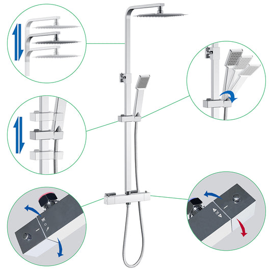 AICA Set Doccia Completo Cromo con Soffione, Doccetta, Rubinetto e Saliscendi Quadrati, Miscelatore Termostatico Doccia