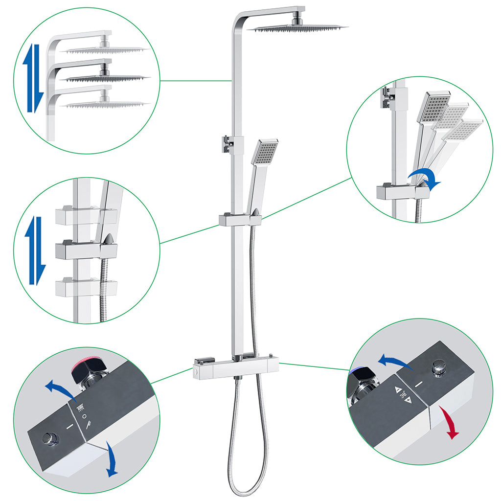 AICA Colonna Doccia con Miscelatore Termostatico, Rubinetto Doccia 28x4cm, Soffione Doccia in Acciaio Inox 20x20cm Cromo