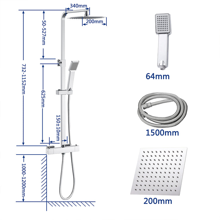 AICA ITALY Sistema Doccia con Miscelatore Termostatico a 38℃ e Soffione Quadrato Altezza Regolabile 73-115cm Cromo