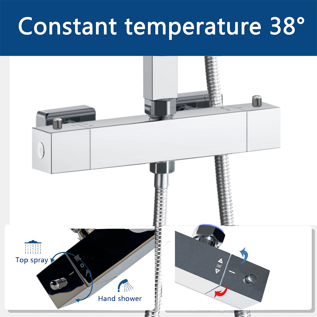 AICA ITALY Sistema Doccia con Miscelatore Termostatico a 38℃ e Soffione Quadrato Altezza Regolabile 73-115cm Cromo