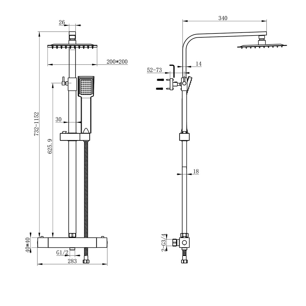 AICA ITALY Sistema Doccia con Miscelatore Termostatico a 38℃ e Soffione Quadrato Altezza Regolabile 73-115cm Cromo