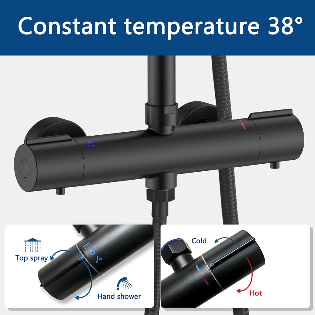 AICA ITALY Colonne Doccia Termostatiche, Sistema Doccia con Miscelatore Termostatico a 38℃ e Doccetta Quadrata 220x64mm Nero