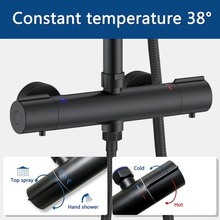 AICA ITALY Sistema Doccia con Miscelatore Termostatico a 38℃ e Doccetta Rotonda Altezza Regolabile 735-117cm Nero