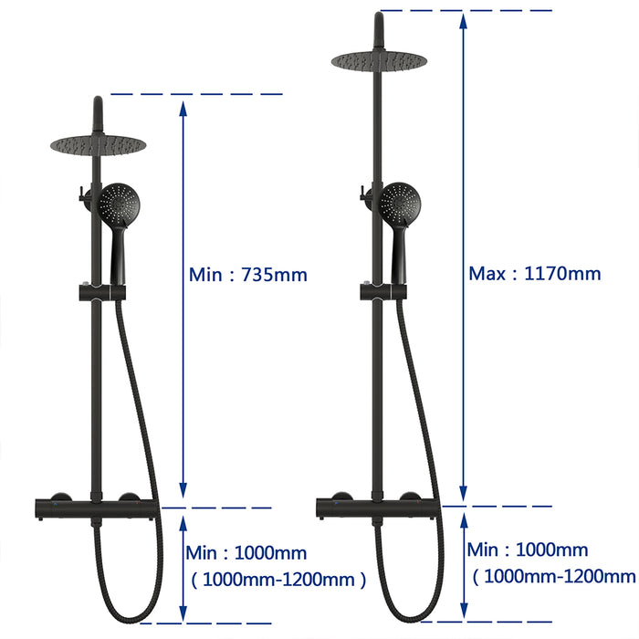 AICA ITALY Sistema Doccia con Miscelatore Termostatico a 38℃ e Doccetta Rotonda Altezza Regolabile 735-117cm Nero