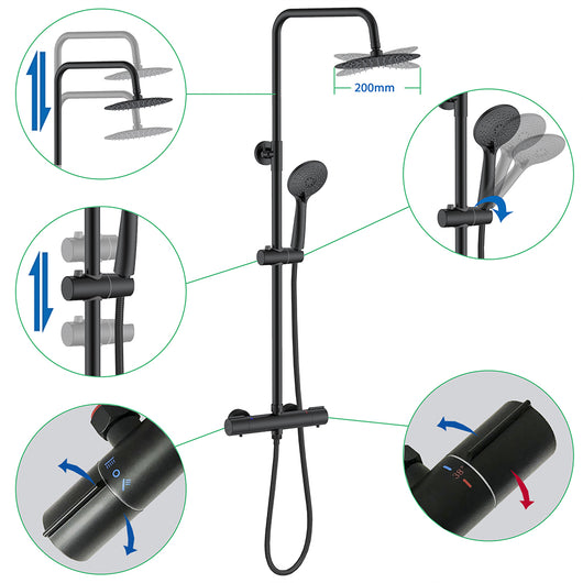 AICA Set Doccia Completo Nero con Soffione, Doccetta, Rubinetto e Saliscendi Tondi, Miscelatore Termostatico Doccia