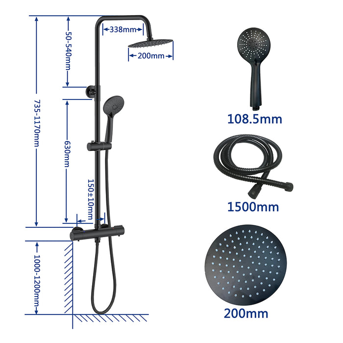 AICA ITALY Sistema Doccia con Miscelatore Termostatico a 38℃ e Doccetta Rotonda Altezza Regolabile 735-117cm Nero