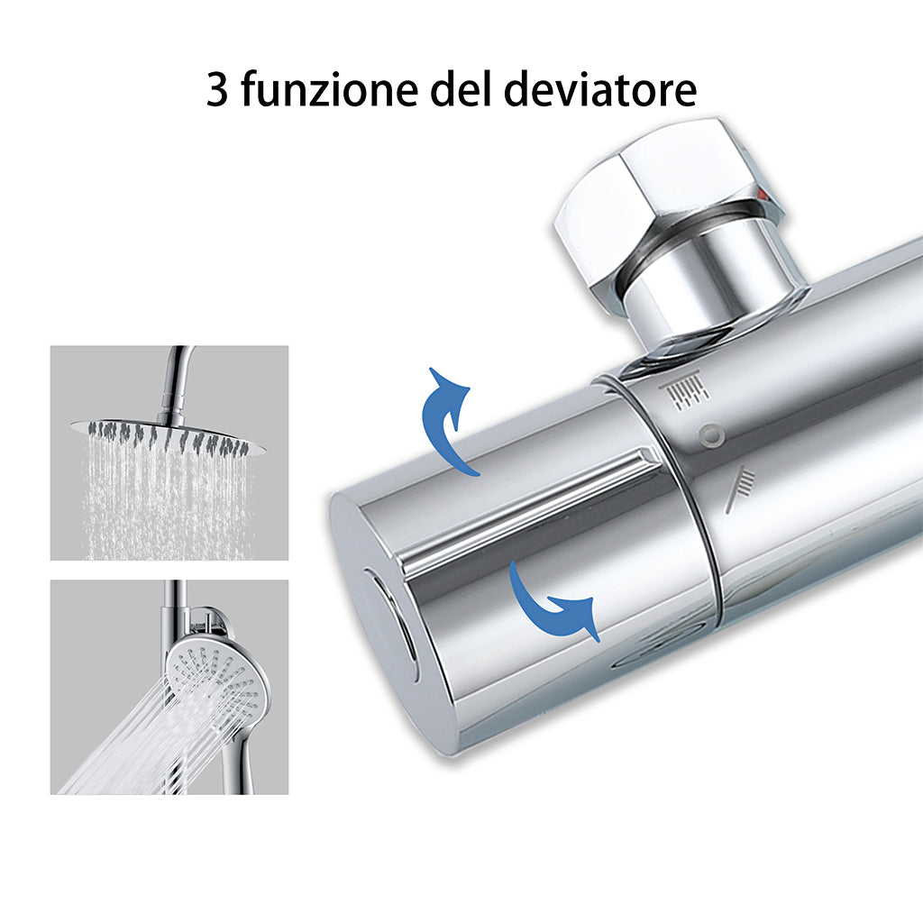 AICA Set Doccia Completo Cromo con Soffione, Doccetta, Rubinetto e Saliscendi Tondi, Miscelatore Termostatico Doccia