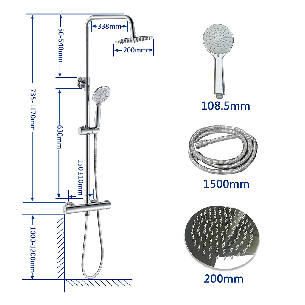 AICA ITALY Sistema Doccia con Miscelatore Termostatico a 38℃ e Doccetta Rotonda Altezza Regolabile 735-117cm Cromo