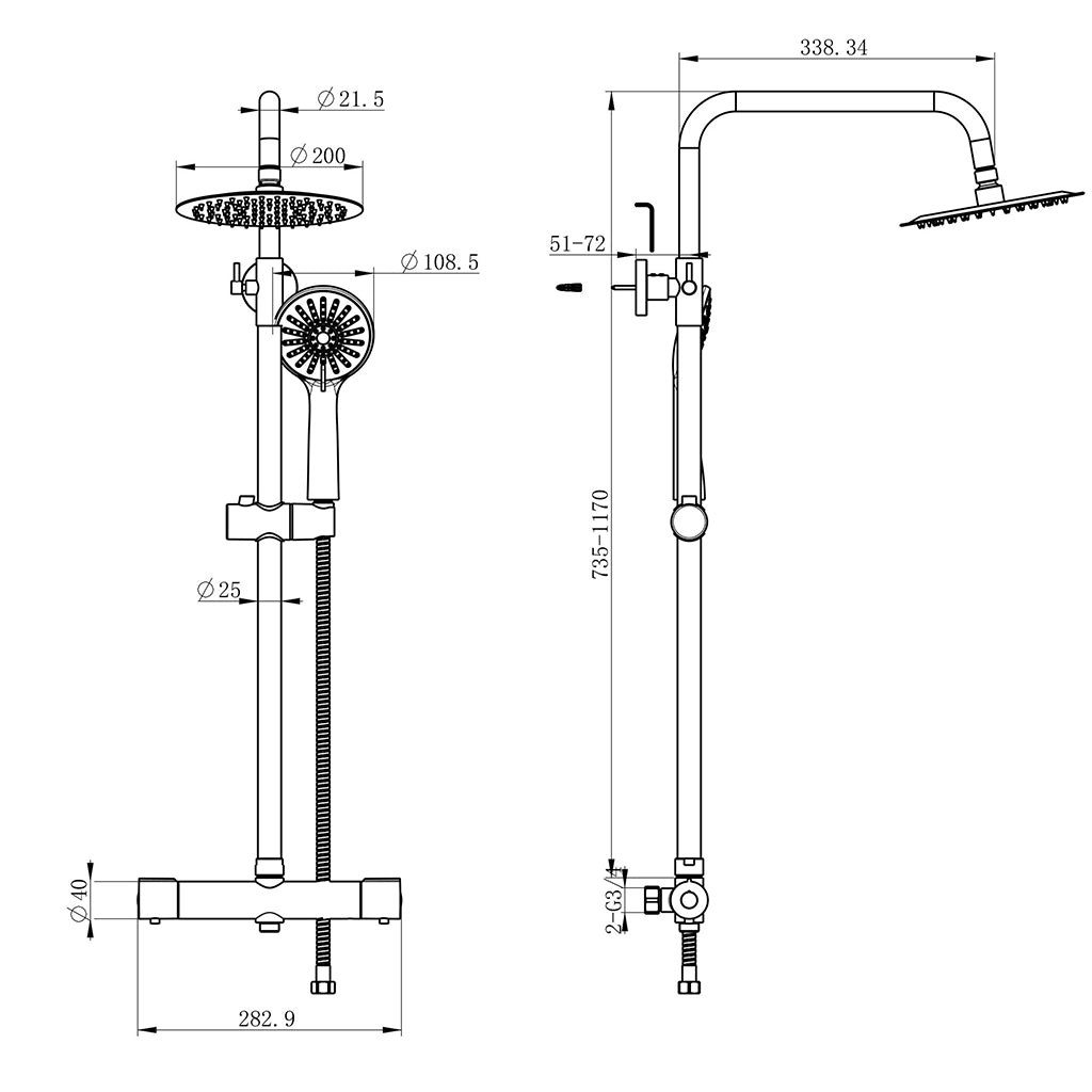 AICA ITALY Sistema Doccia con Miscelatore Termostatico a 38℃ e Doccetta Rotonda Altezza Regolabile 735-117cm Cromo