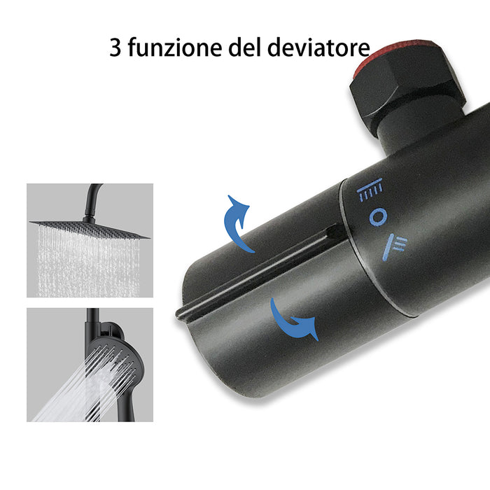 AICA Set Doccia Completo Nero con Soffione Quadrato, Doccetta, Rubinetto e Saliscendi Tondi, Miscelatore Termostatico Doccia