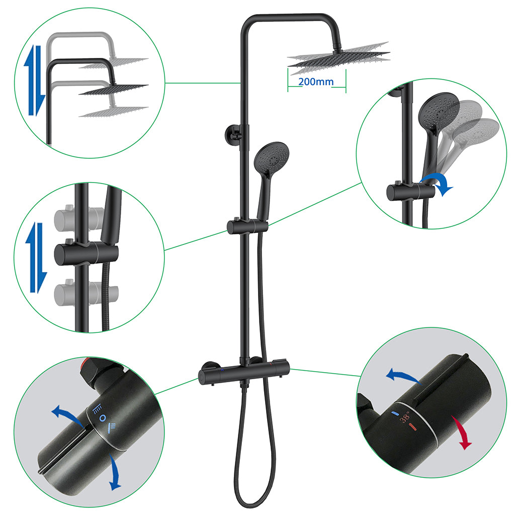 AICA Set Doccia Completo Nero con Soffione Quadrato, Doccetta, Rubinetto e Saliscendi Tondi, Miscelatore Termostatico Doccia