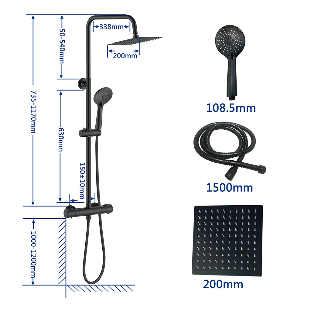 AICA Colonna Doccia con Miscelatore Termostatico, Set Doccia con Soffione Quadrato 20cm e 108mm Doccetta Nero