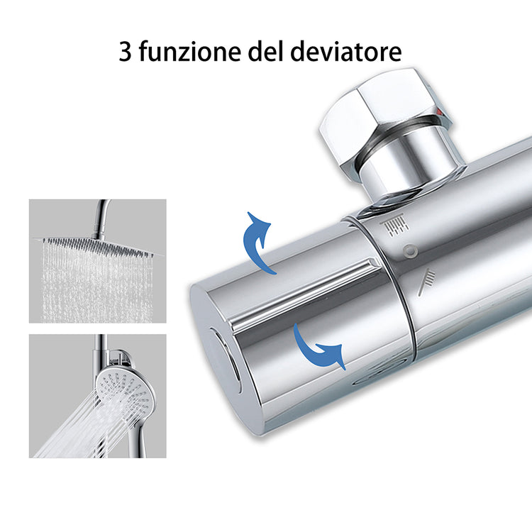 AICA Set Doccia Completo Cromo con Soffione Quadrato, Doccetta, Rubinetto e Saliscendi Tondi, Miscelatore Termostatico Doccia