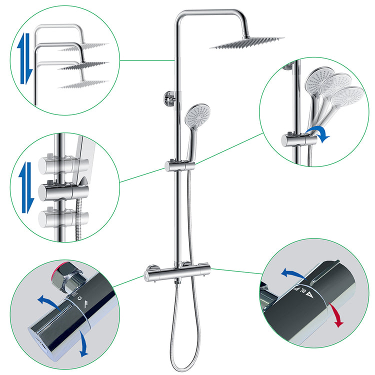 AICA Set Doccia Completo Cromo con Soffione Quadrato, Doccetta, Rubinetto e Saliscendi Tondi, Miscelatore Termostatico Doccia