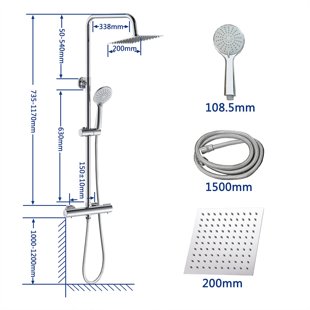 AICA Colonna Doccia con Miscelatore Termostatico, Set Doccia con Soffione Quadrato 20cm e 108mm Doccetta Cromo