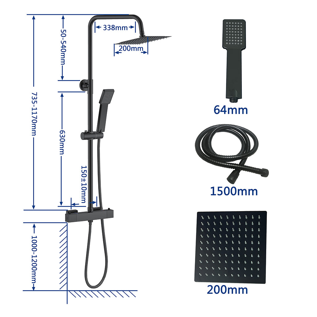 AICA ITALY Sistema Doccia con Miscelatore Termostatico a 38℃ e Soffione Tondo Altezza Regolabile 735-117cm Nero