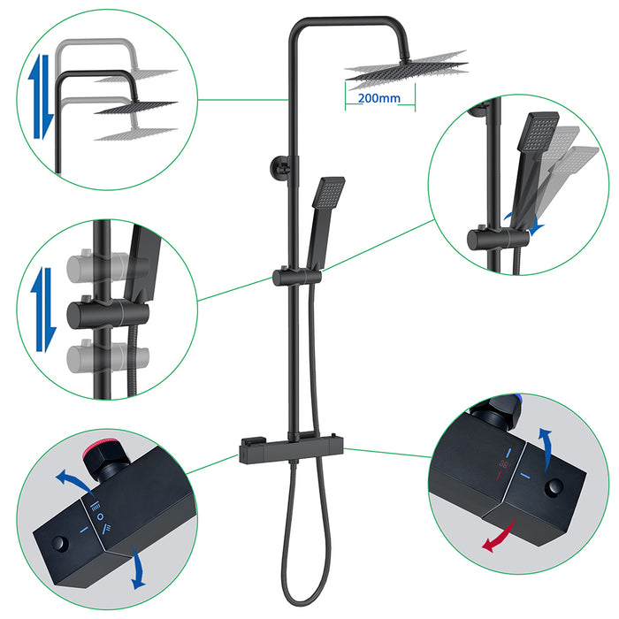 AICA Set Doccia Completo Nero con Soffione, Doccetta e Rubinetto Quadrati e Saliscendi Tondo, Miscelatore Termostatico Doccia